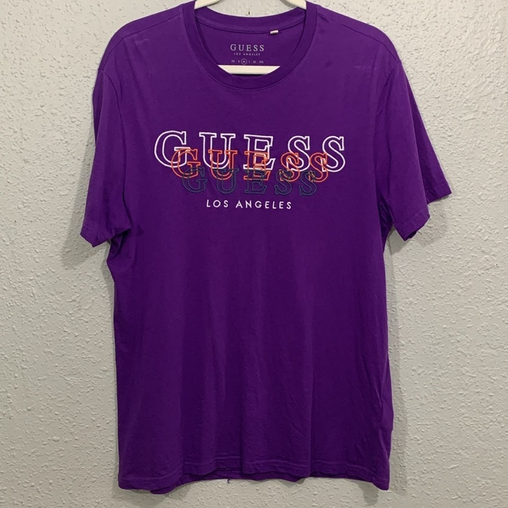Guess Purple Embroidered SpellOut Crew Neck Short Sleeve T-Shirt size M